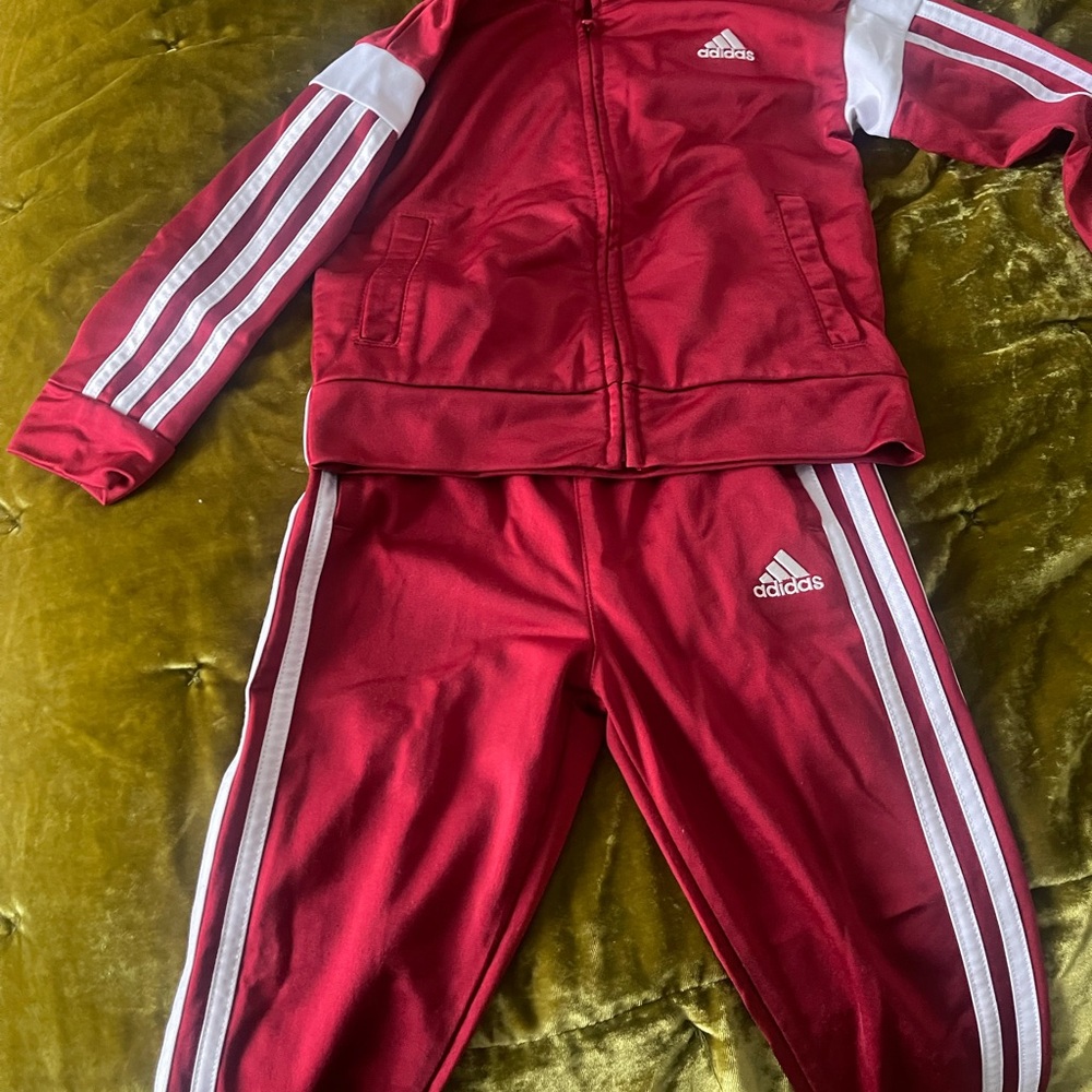 adidas Red Matching Set with Full Zip Jacket and Striped Pants